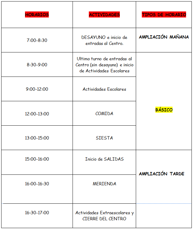 Horarios 2026 Escuela Infantil Horarios